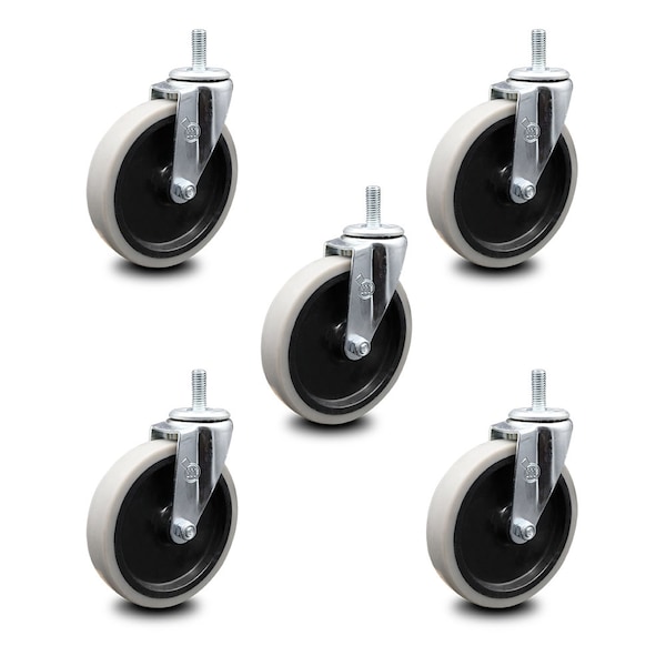5 Inch Thermoplastic Rubber Wheel 1/2 Inch Threaded Stem Caster SCC, 5PK